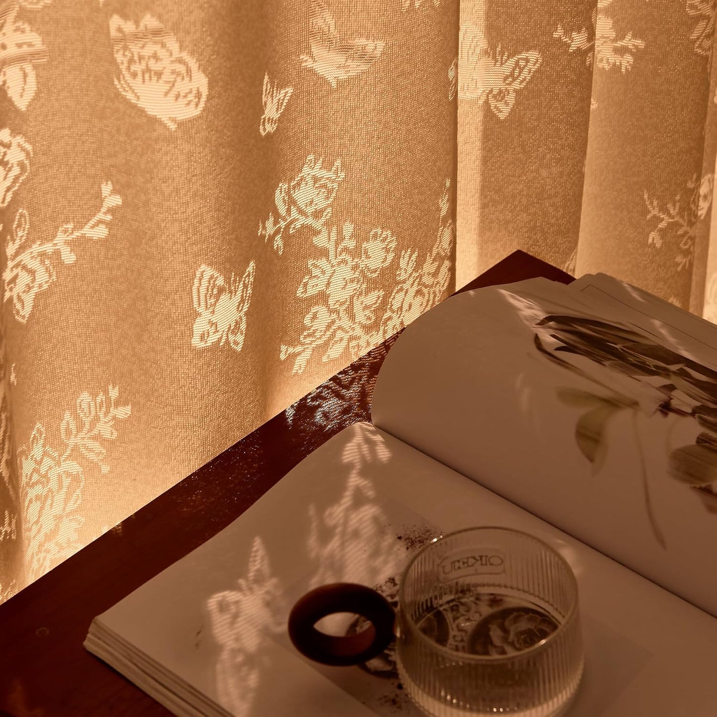 PONY DANCE Floral Butterfly Lace Sheer Curtains 84 Inch Length for Bedroom, Elegant Semi Gauze Drapes with Sheer Overlay for Living Room/Girls Room/Kids Room/Nursery, 2 Panels, 55″ Wide, Light Beige