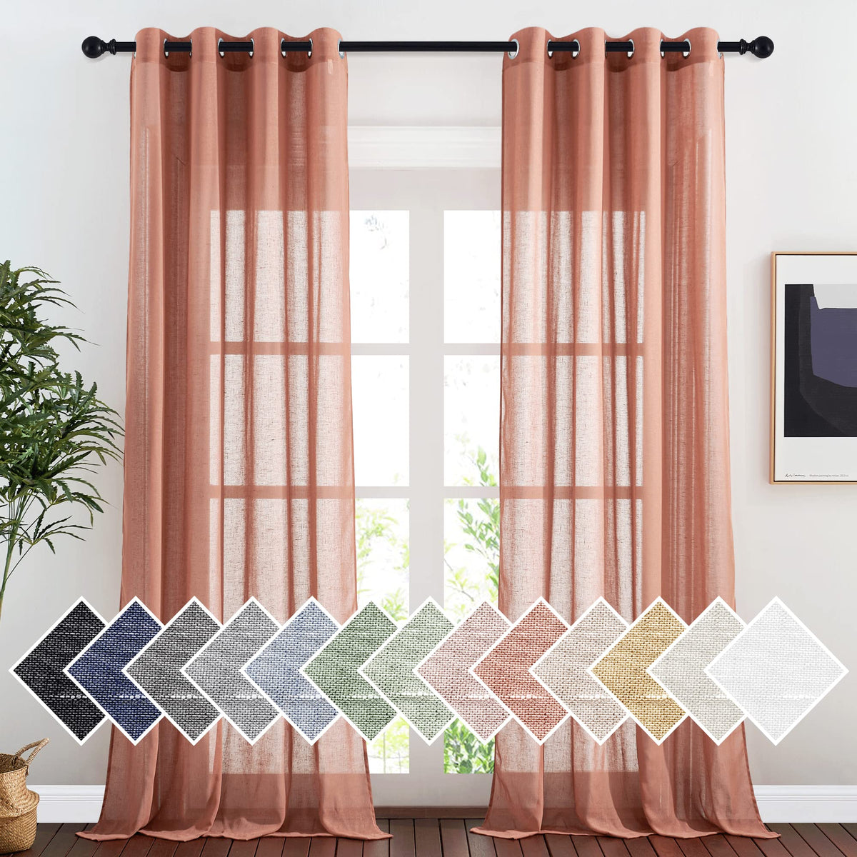 NICETOWN White Sheer Linen Curtains for Living Room 84 inch Length 2 Panels Set, Grommet Semi Sheer Privacy with Light Filtering Flax Window Treatments for Bedroom, W52 x L84