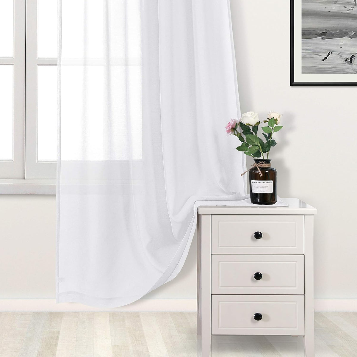 DWCN White Sheer Curtains Linen Look Semi Transparent Voile Grommet White Curtains for Living Dining Room Drapes 52 x 84 Inch Long, Set of 2 Panels