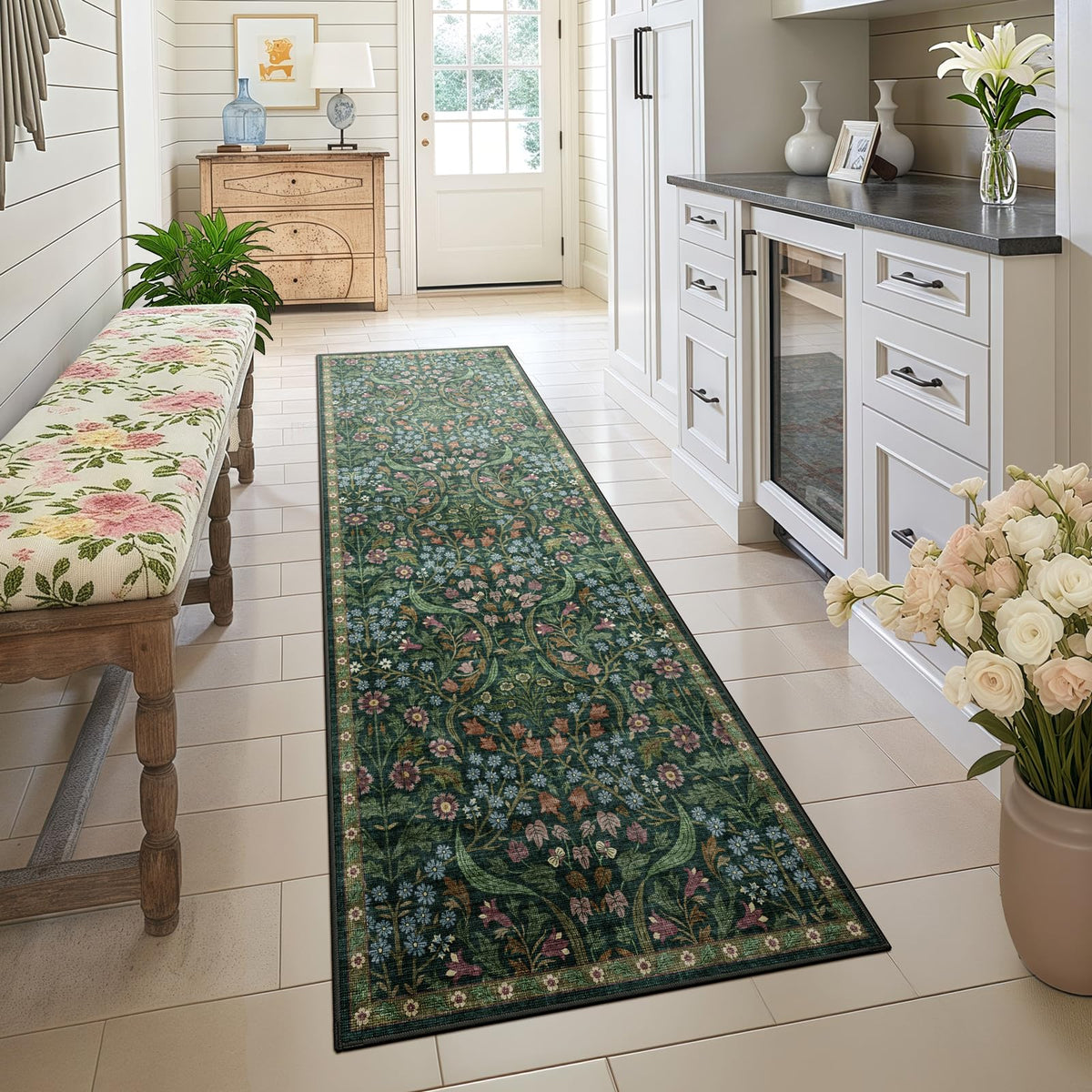 5x7 Washable Area Rug Green Boho Floral for Living Room Bedroom Nursery | Carpet for Dining Room, Soft Low-Pile Non-Slip Faux Wool, Farmhouse Indoor, Kid & Pet Friendly, Stain, Fade & Wear Resistant