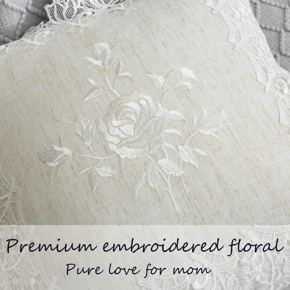 2 Pack Embroidered Spring Floral Throw Pillow Cover 18x18 inches, Farmhouse Off White Rose Lace Linen Blended Pillow Shams, Decorative (White Rose, Linen Blended)