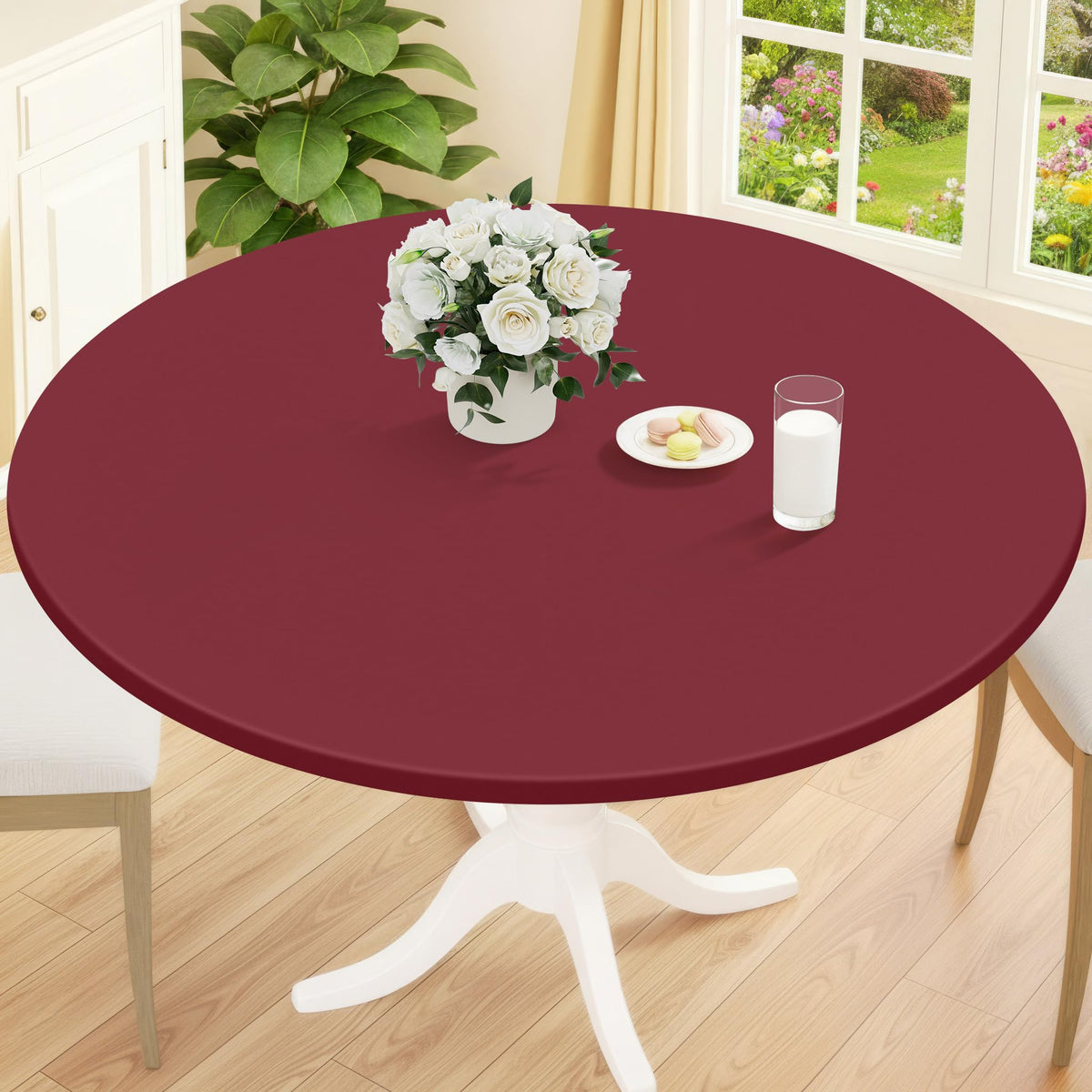 Smiry Round Picnic Tablecloth, Waterproof Elastic Fitted Table Covers for 45" - 56" Tables, Wipeable Flannel Backed Vinyl Tablecloths for Camping, Indoor, Outdoor, Grey & White
