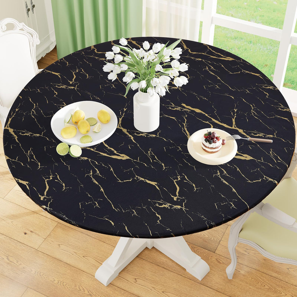 Round Fitted Tablecloth with Elastic Edge, 100% Waterproof Oil Proof Plastic Table Cover, Vinyl Flannel Backed Tablecloth Fits 36"-44" Round Tables for Dinner, Outdoor, Picnic, Oak Wooden Grain