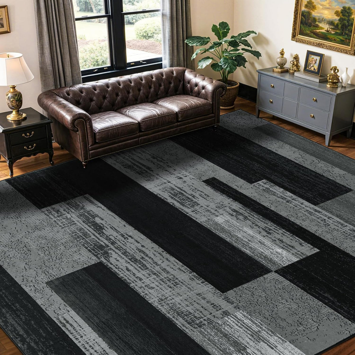 LIANLAM 8x10 Washable Area Rugs for Living Room & Bedroom(8x10,Black&Gray) | Non-Slip Large Carpet,Vintage Checkered Pattern, Stain Resistant Faux Wool Low Pile Soft Rug for Dining Room,Office,Nursery