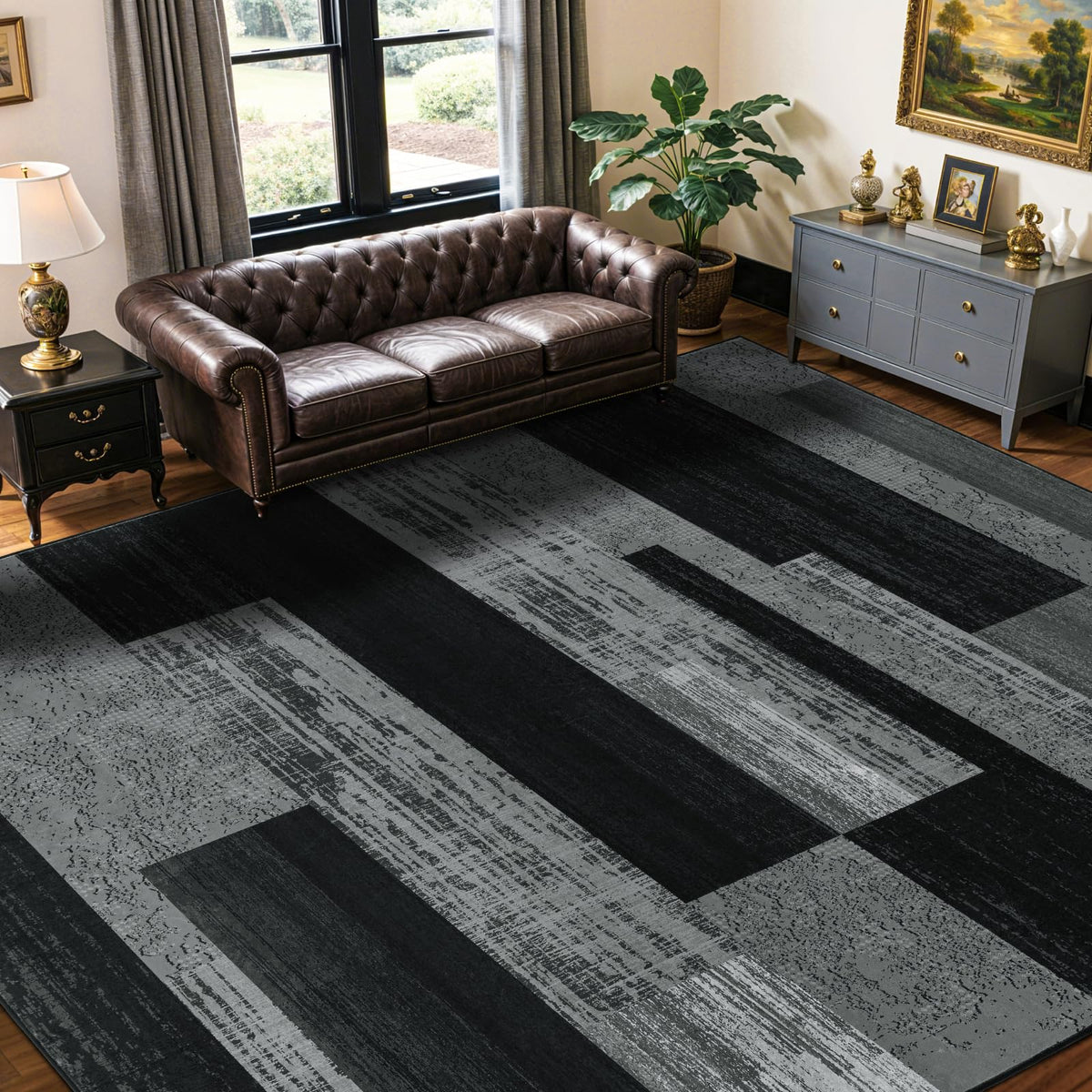 LIANLAM 8x10 Washable Area Rugs for Living Room & Bedroom(8x10,Black&Gray) | Non-Slip Large Carpet,Vintage Checkered Pattern, Stain Resistant Faux Wool Low Pile Soft Rug for Dining Room,Office,Nursery