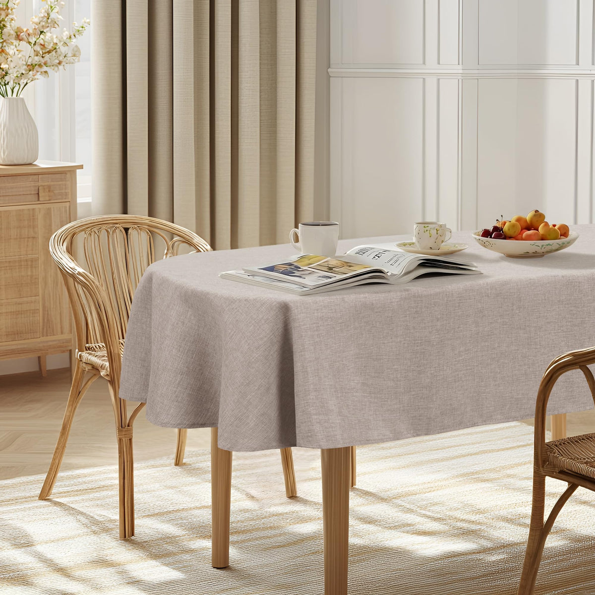 JIUZHEN Rectangle Table Cloth Faux Linen Farmhouse Tablecloth, Wrinkle and Stain Resistant Decorative Fabric Rectangular Spring Table Cover for Dining/Party/Birthday/Wedding, Beige, 54 x 80 Inch