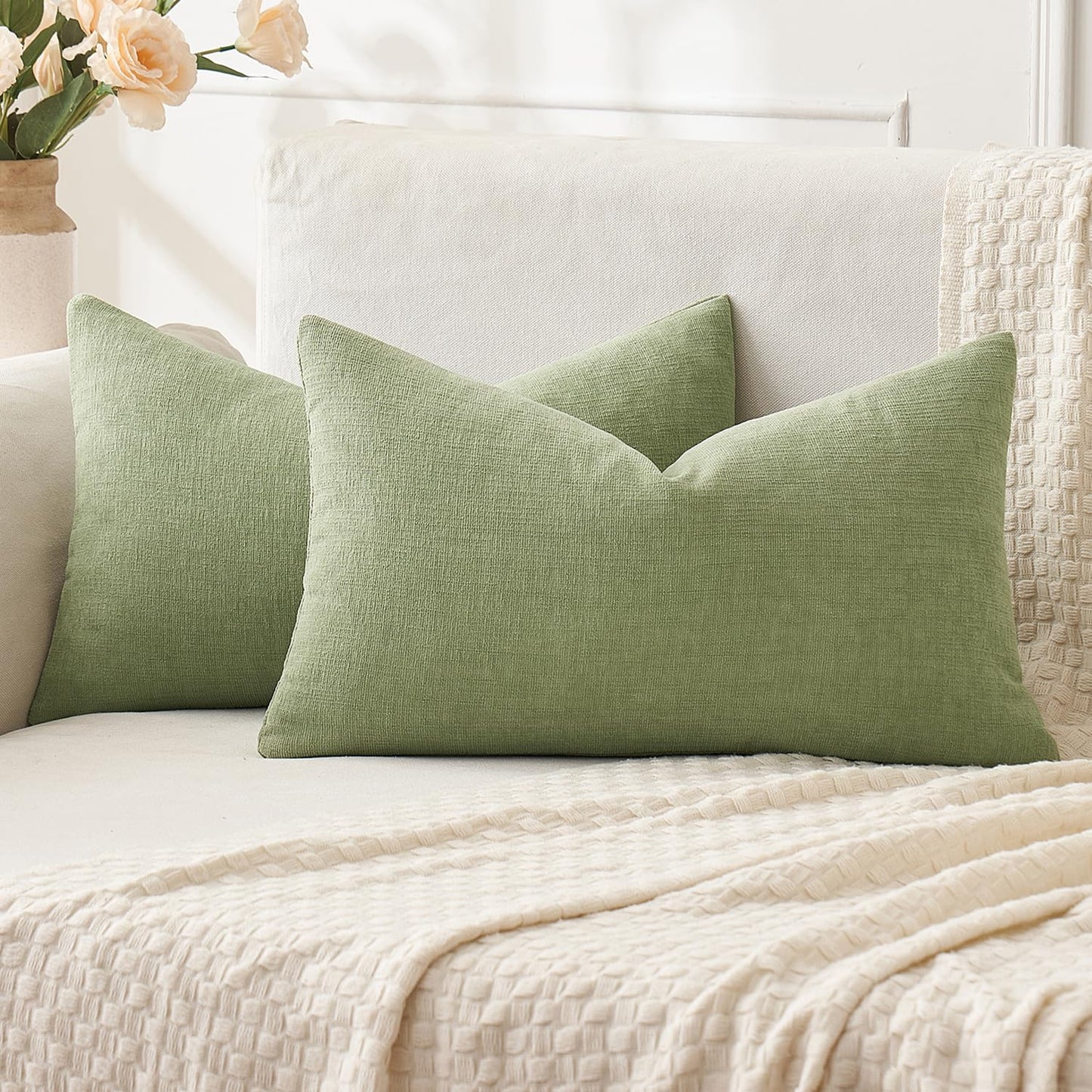 MIULEE Olive Green Chenille Couch Throw Pillow Covers, 18x18 | Set of 2, Soft Modern Farmhouse Style, Decorative Pillowcases for Sofa Living Room Bed, Home Decor