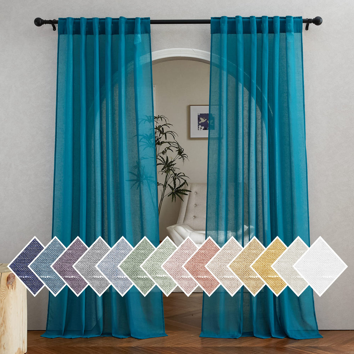 NICETOWN Semi Sheer White Curtains 84 inch Long, Rod Pocket & Back Tab Sheer Linen Curtains & Drapes Balance Privacy & Light Panels for Bedroom/Living Room, W52 x L84, 2 Panels