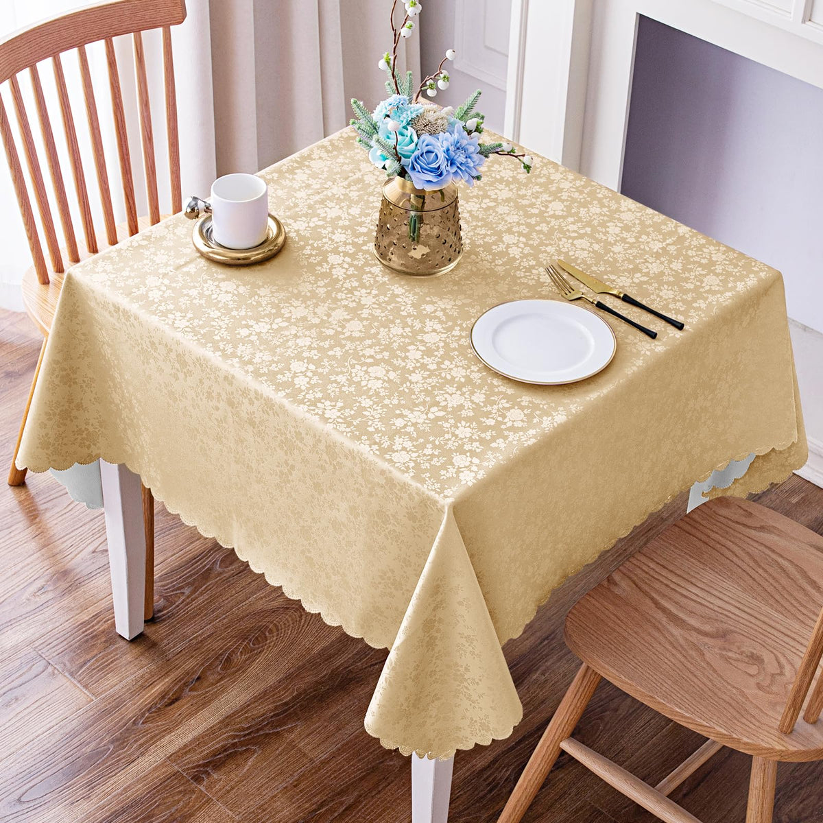 Smiry Rectangle Waterproof Heavy Duty Vinyl Tablecloths, 60 x 84 Inch | Wipeable Washable Floral Embossed Table Cover for Kitchen and Dining Room, Indoor & Outdoor Use, Beige