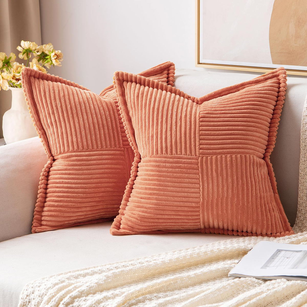 MIULEE Decorative Throw Pillow Covers for Couch 18x18 Inch Beige 2 Pack | Boho Broadside Striped Patchwork Pillow Covers, Soft Corduroy Cushion Cases, For Sofa Bed Livingroom Home Decor