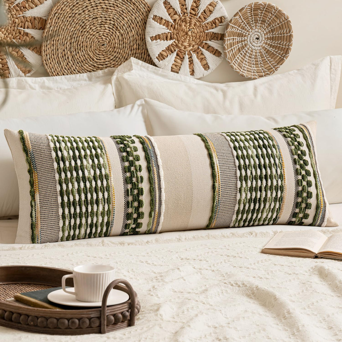 ANRODUO Boho Decorative Pillow Covers Olive Green Stripe 18x18 Pack of 2 | Throw Pillow Covers, Farmhouse Cushion Case, Chenille Pillow Cases, Pillow Covers, Accent Neutral Pillowcase for Couch Bed