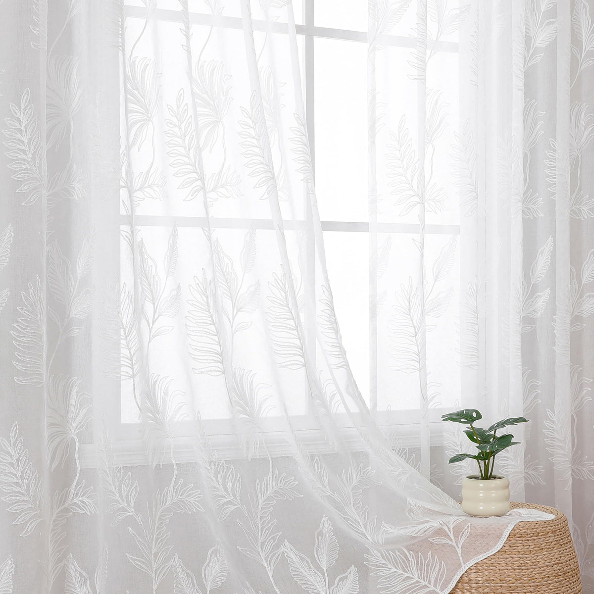 Sheer Curtains Boho Leaf Floral Embroidered Cream Beige 54Wx84L | Light Filtering Semi Sheer Voile Curtains With Design, Rod Pocket Window Drapes for Bedroom Living Room 2 Panels