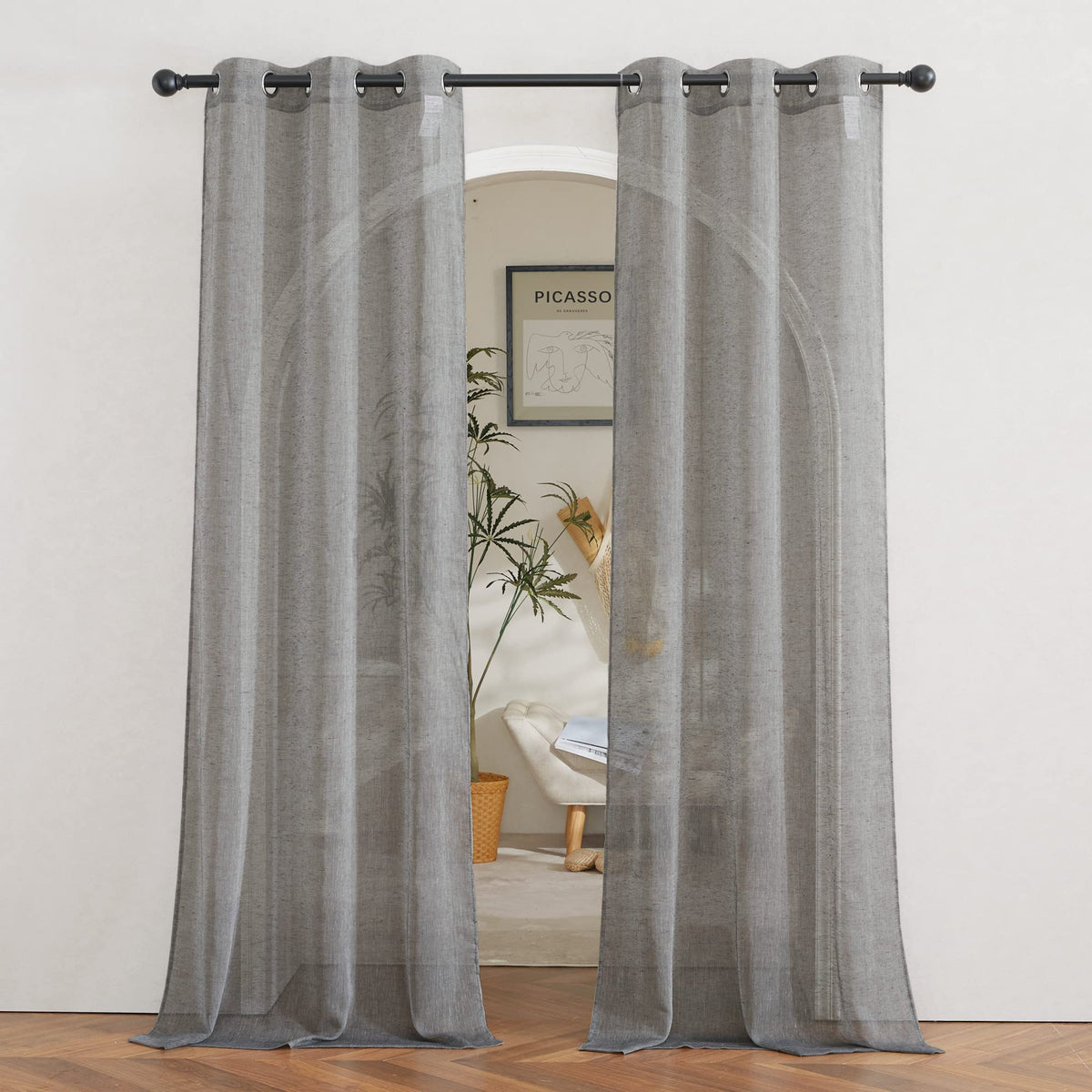 NICETOWN White Sheer Linen Curtains for Living Room 84 inch Length 2 Panels Set, Grommet Semi Sheer Privacy with Light Filtering Flax Window Treatments for Bedroom, W52 x L84