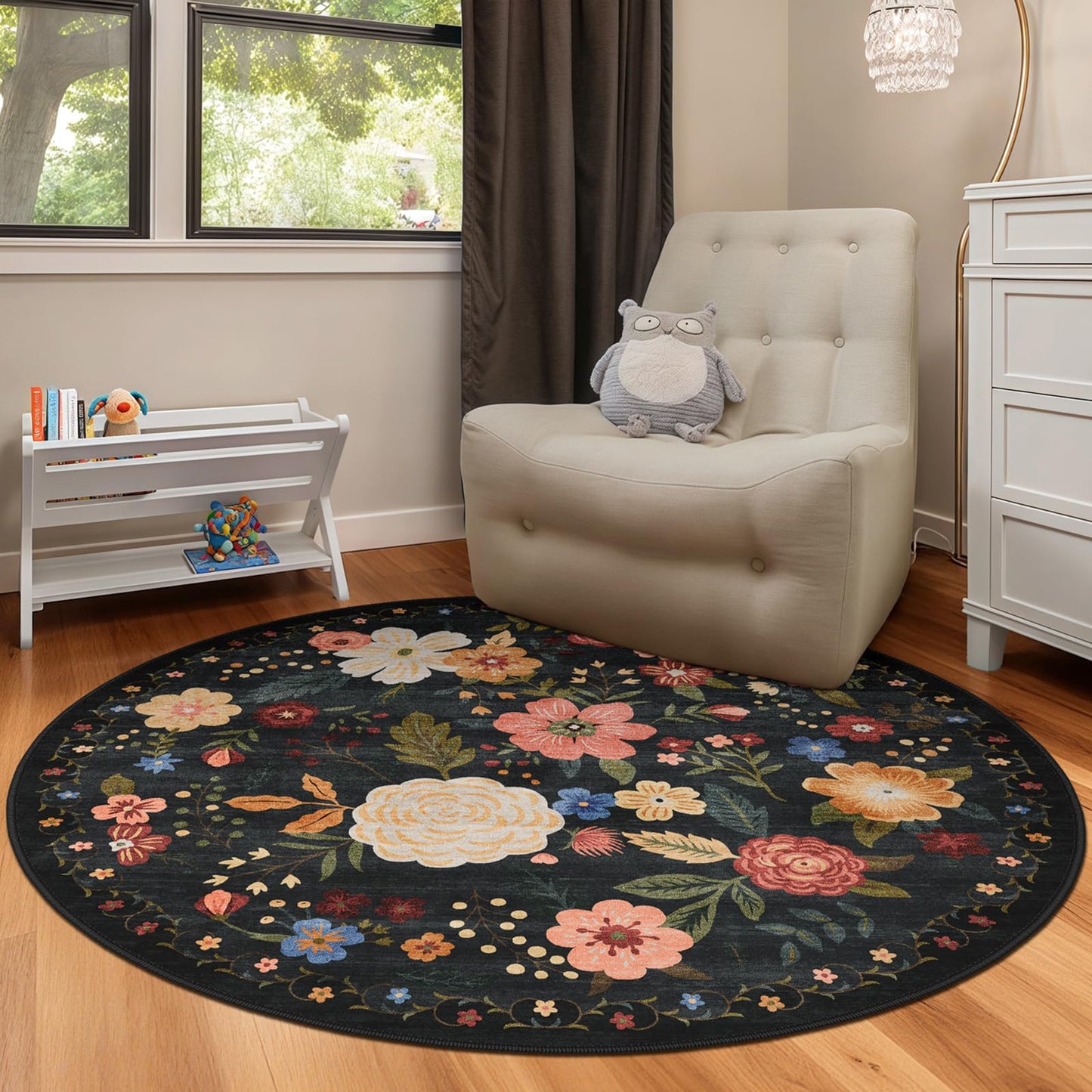 5x7 Washable Area Rug Green Boho Floral for Living Room Bedroom Nursery | Carpet for Dining Room, Soft Low-Pile Non-Slip Faux Wool, Farmhouse Indoor, Kid & Pet Friendly, Stain, Fade & Wear Resistant