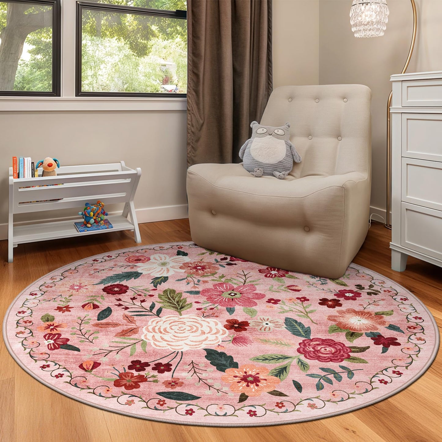 5x7 Washable Area Rug Green Boho Floral for Living Room Bedroom Nursery | Carpet for Dining Room, Soft Low-Pile Non-Slip Faux Wool, Farmhouse Indoor, Kid & Pet Friendly, Stain, Fade & Wear Resistant