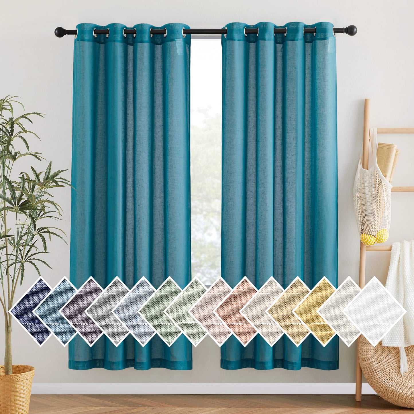 NICETOWN White Sheer Linen Curtains for Living Room 84 inch Length 2 Panels Set, Grommet Semi Sheer Privacy with Light Filtering Flax Window Treatments for Bedroom, W52 x L84