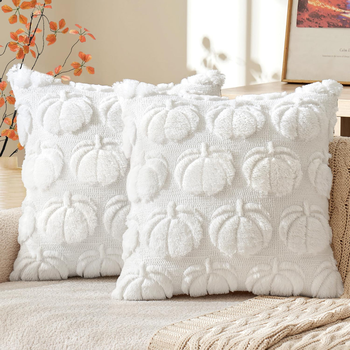 MIULEE Fall Pillow Covers Pumpkin Fall Decor 18x18 Dark Rust | Set of 2 Fall Decorations for Home, Plush Faux Fur Farmhouse Accent Pillowcases, Porch Sofa Couch Cushion Bed Livingroom