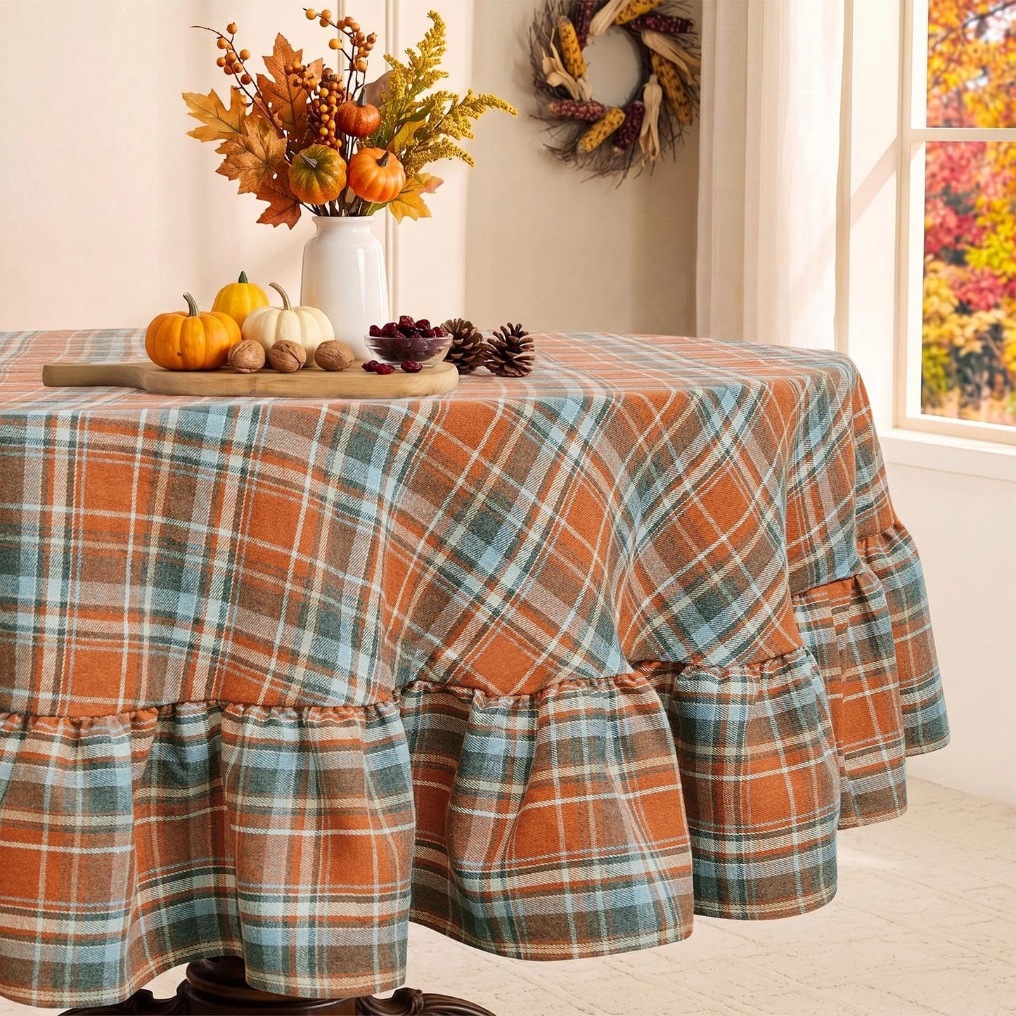Romanstile Gingham Ruffled Tablecloth Rectangle, 60 x 84 Inch, Sage Green | Waterproof Checkered Table Cloth, Polyester-cotton, Farmhouse Plaid Table Cover for Outdoor, Picnic, Camping, Party