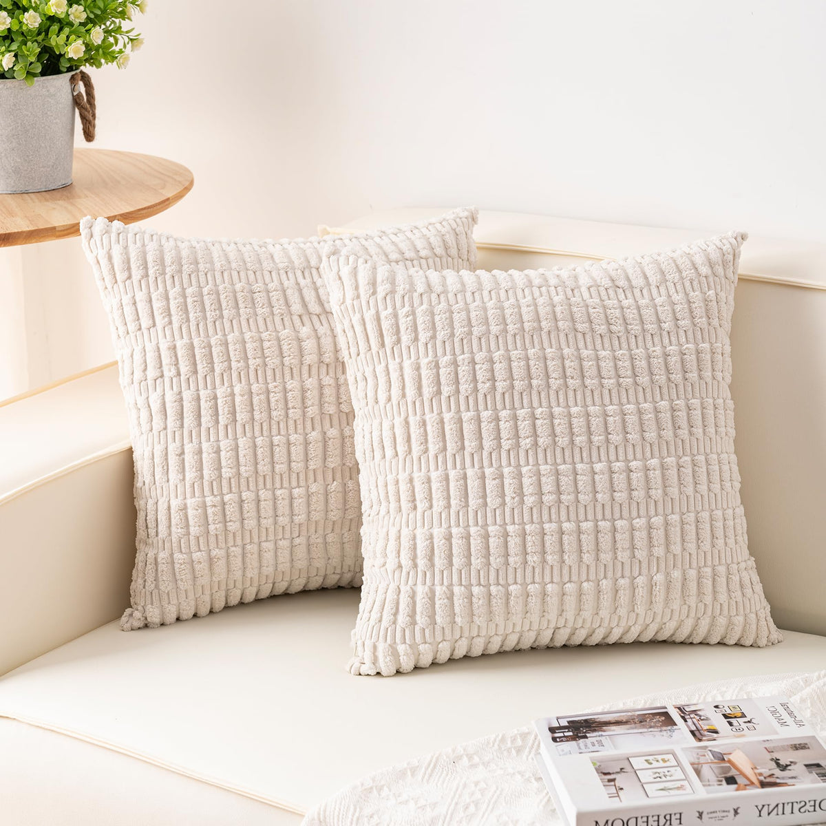 Pack of 2 Corduroy Decorative Throw Pillow Covers 18x18 Inch, Cream White | Fall Soft Striped Pillow Covers Modern Farmhouse Home Decor Christmas Throw Pillow Covers for Sofa Living Room Couch Bed ﻿