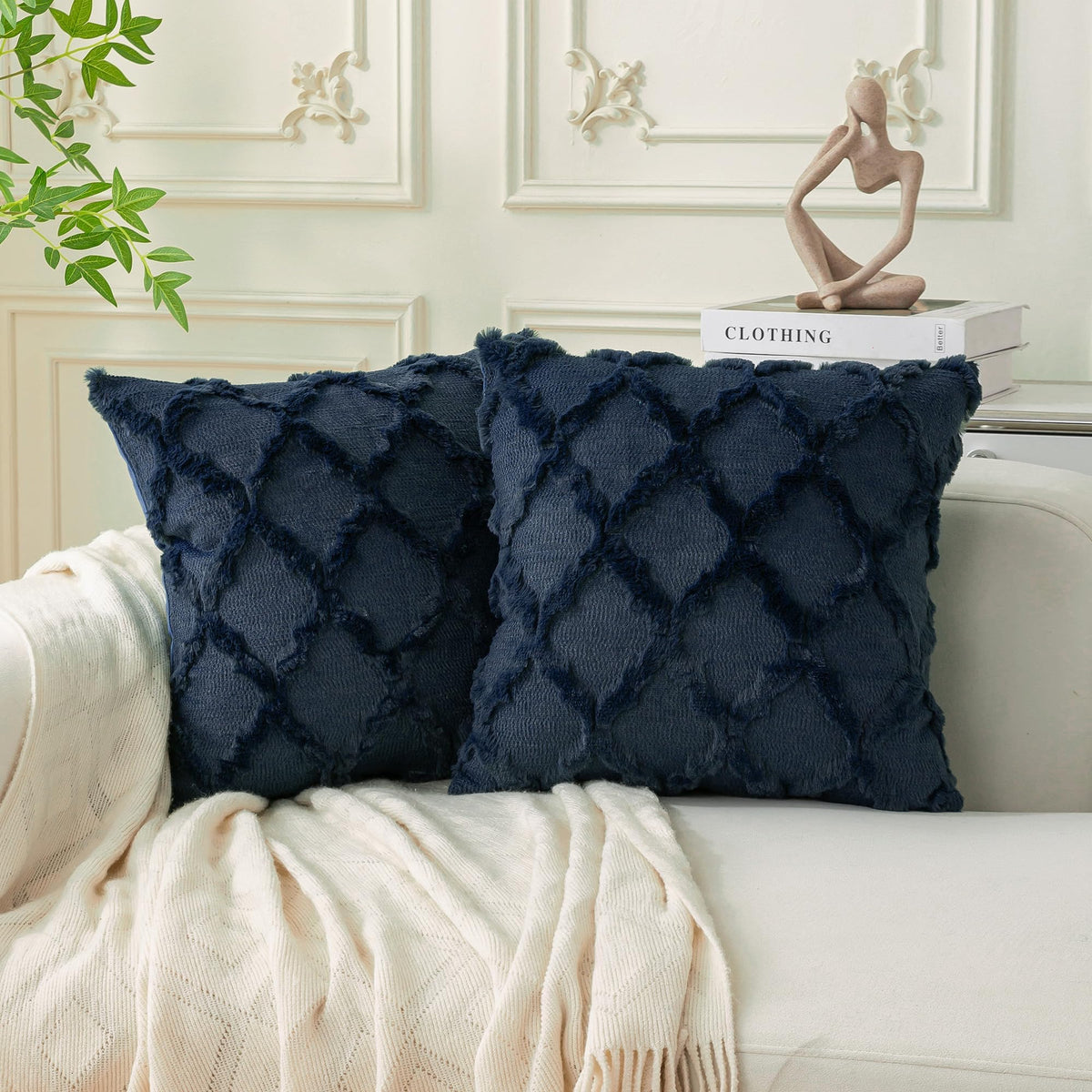 Set of 2 Soft Moroccan Throw Pillow Covers 18x18 Inch Plush Boho Decorative Pillow Cover Accent Cushion Case for Couch Sofa Bed, Beige