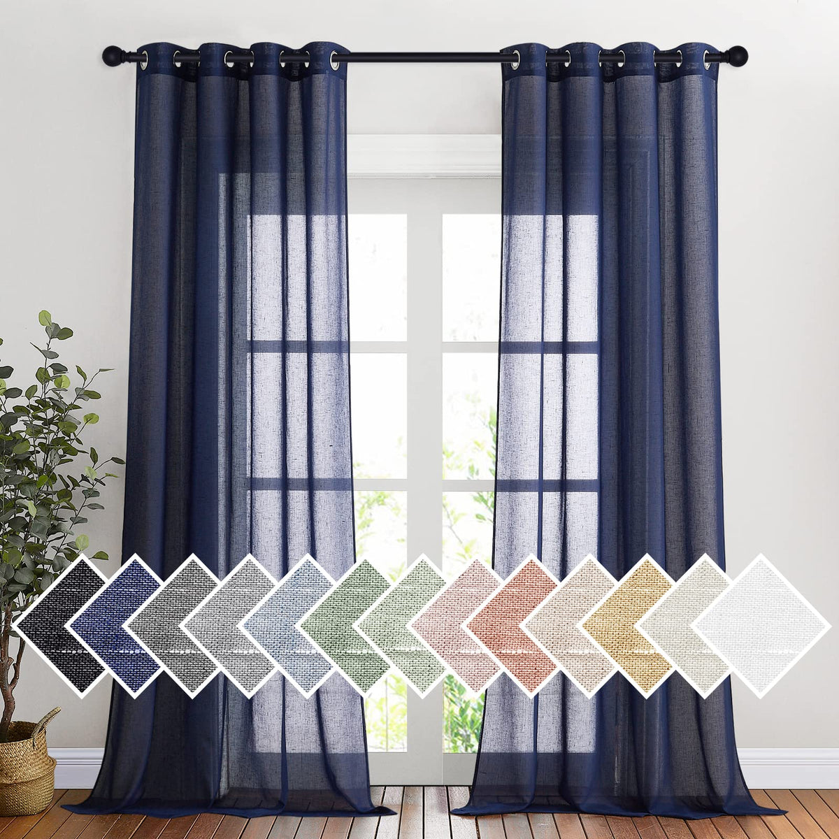 NICETOWN White Sheer Linen Curtains for Living Room 84 inch Length 2 Panels Set, Grommet Semi Sheer Privacy with Light Filtering Flax Window Treatments for Bedroom, W52 x L84