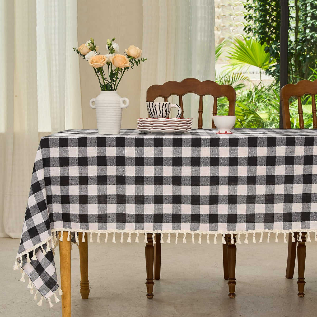 Midsummer Breeze Country Garden Green Gingham Tablecloth Rectangle 55”x84” | tassel, spring, easter, summer, picnic, outdoor, checkered, fresh, camping, Christmas, washable, wrinkle free, reusable