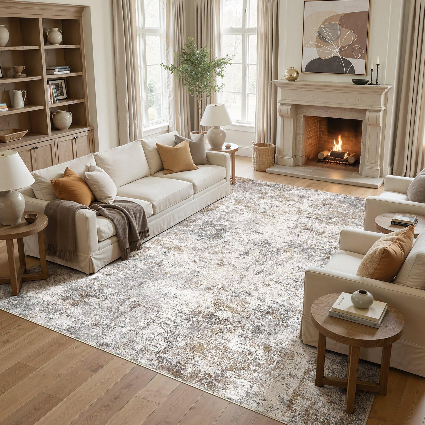 UERMEI 9x12 Area Rug Living Room Rugs - Washable Neutral Modern Abstract Soft Thin Large Rug Indoor Floor No Slip Rug Carpet for Bedroom Under Dining Table Home Office Decor - Brown Grey
