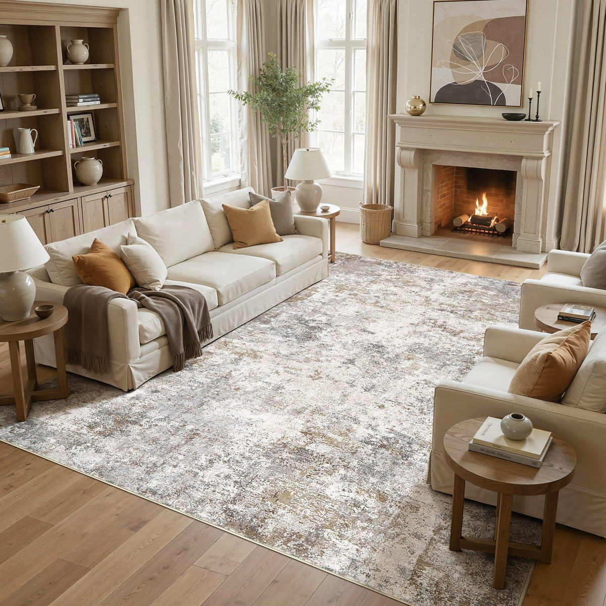 UERMEI 8x10 Area Rug Living Room Rugs - Washable Neutral Modern Abstract Soft Thin Large Rug Indoor Floor No Slip Rug Carpet for Bedroom Under Dining Table Home Office Decor - Brown Grey