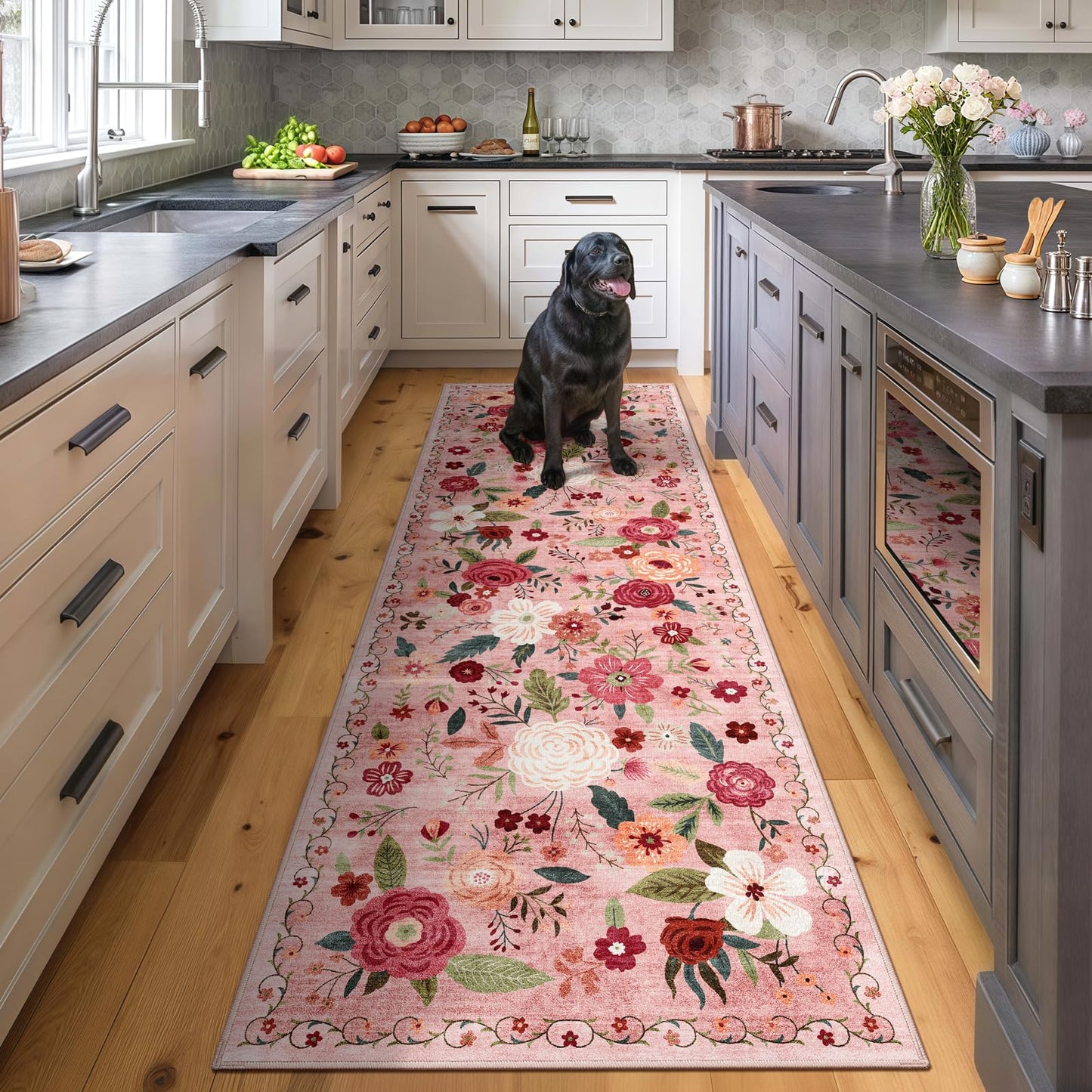 5x7 Washable Area Rug Green Boho Floral for Living Room Bedroom Nursery | Carpet for Dining Room, Soft Low-Pile Non-Slip Faux Wool, Farmhouse Indoor, Kid & Pet Friendly, Stain, Fade & Wear Resistant