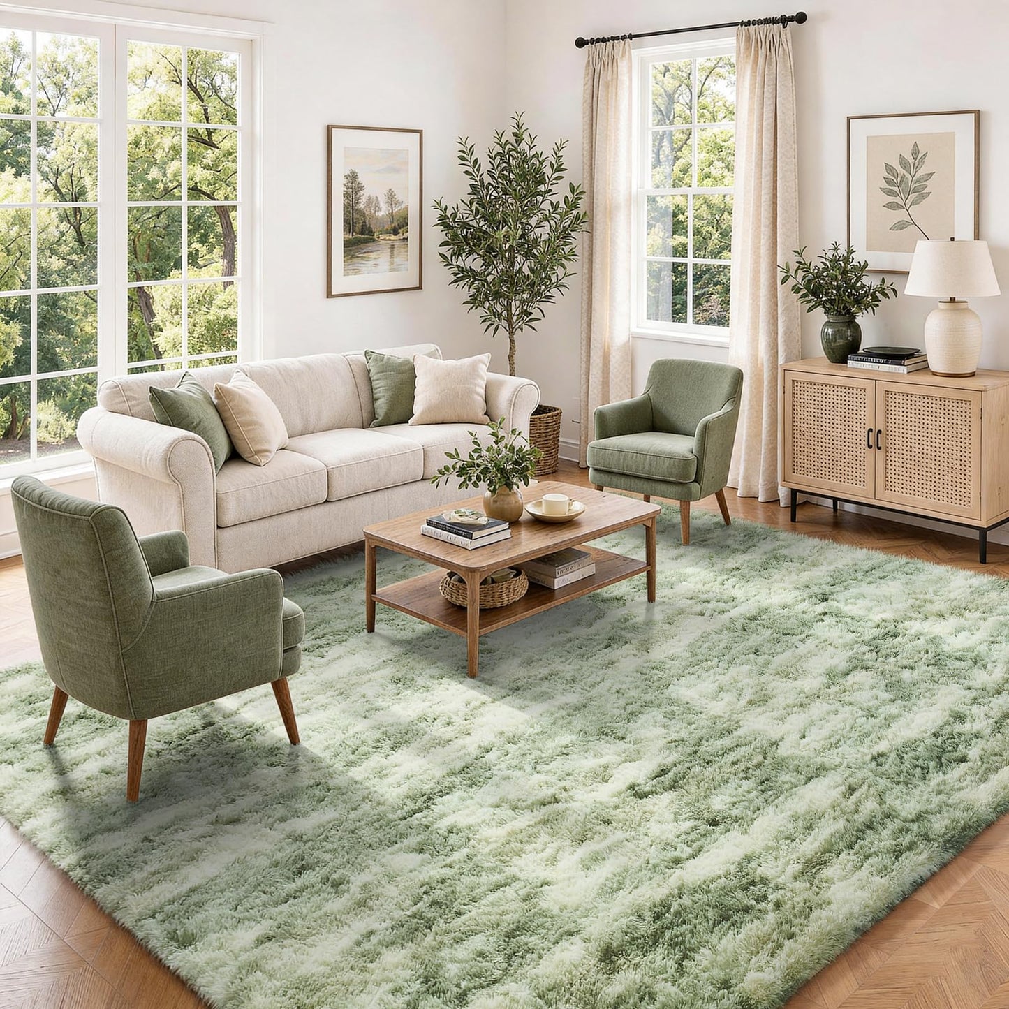 Ophanie 8x10 Area Rugs for Living Room, Washable Non-Slip Fluffy Soft Large Shag Bedroom Carpet, Ivory Big Indoor Nursery Rug, Carpets for Boy and Girls Room Dorm Decor with Over 99 pcs Pile fibers