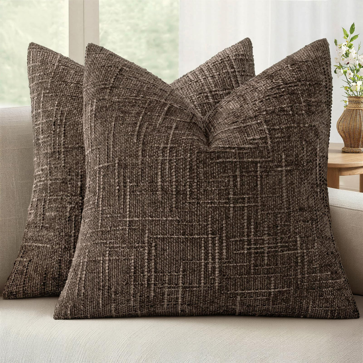 MIULEE Chenille Textured Throw Pillow Covers Cream White 18x18 Set of 2 | Slubby Decorative Pillows, Boho Farmhouse Home Decor, Modern Neutral Cushion Covers for Couch Sofa Bed Living Room
