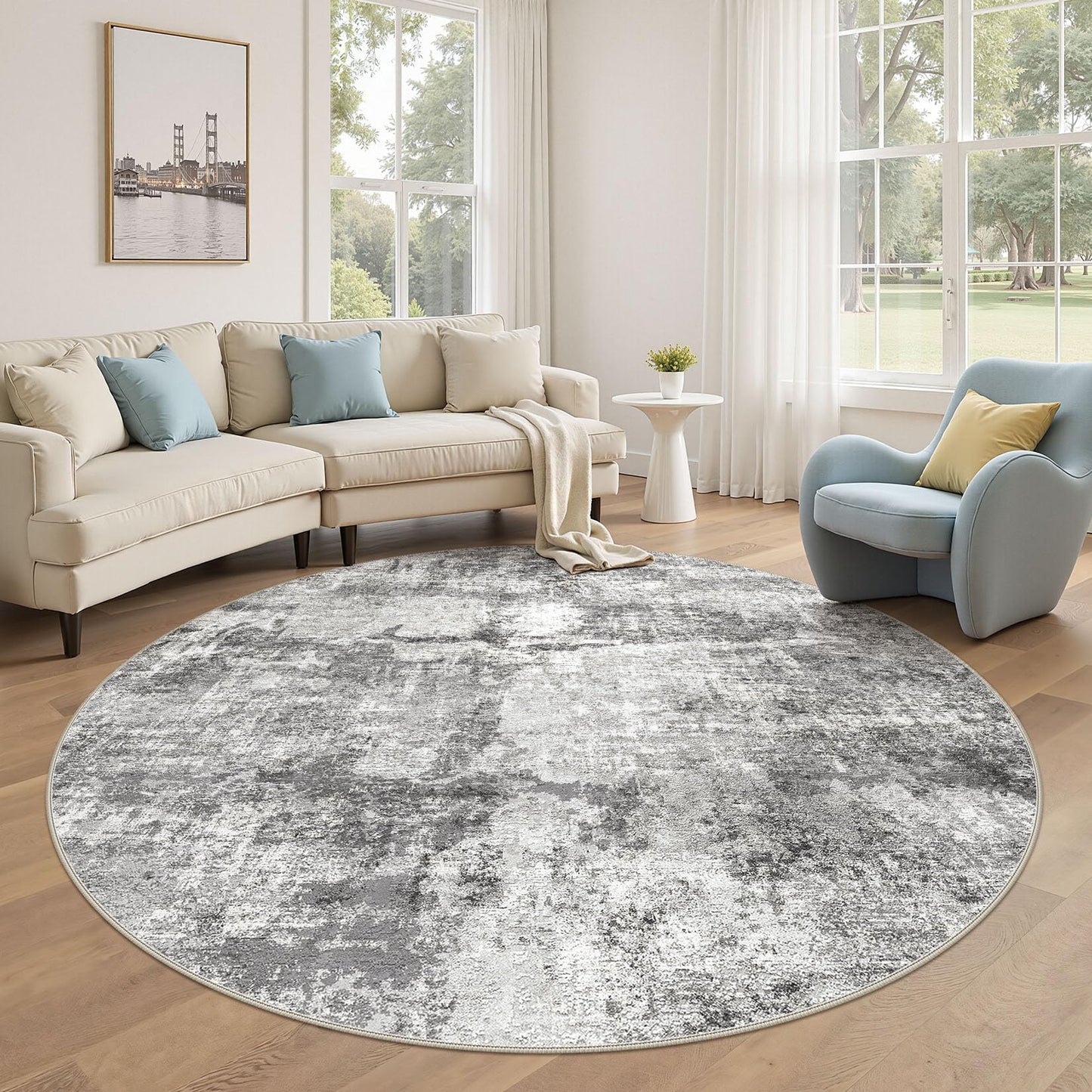 DMOYEST 8x10 Area Rug for Living Room Washable Abstract Indoor Carpet | Neutral Modern Low Pile Rugs Kid & Pet Friendly Large Soft Thin Carpet for Bedroom Dining Room - Grey Blue
