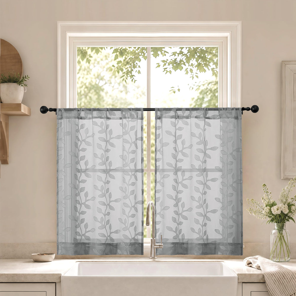 White Sheer Curtains 84 Inches Long - Light Filtering Leaf Jacquard Textured Semi Sheer Curtains, Rod Pocket Drapes for Living Room Bedroom 2 Panels Set, 2x37Wx84L Inches
