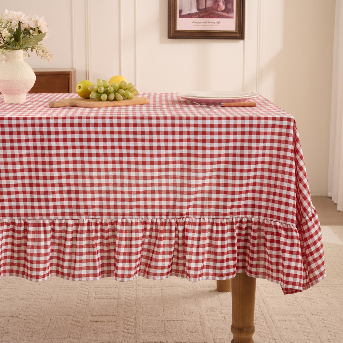 Romanstile Gingham Ruffled Tablecloth Rectangle, 60 x 84 Inch, Sage Green | Waterproof Checkered Table Cloth, Polyester-cotton, Farmhouse Plaid Table Cover for Outdoor, Picnic, Camping, Party