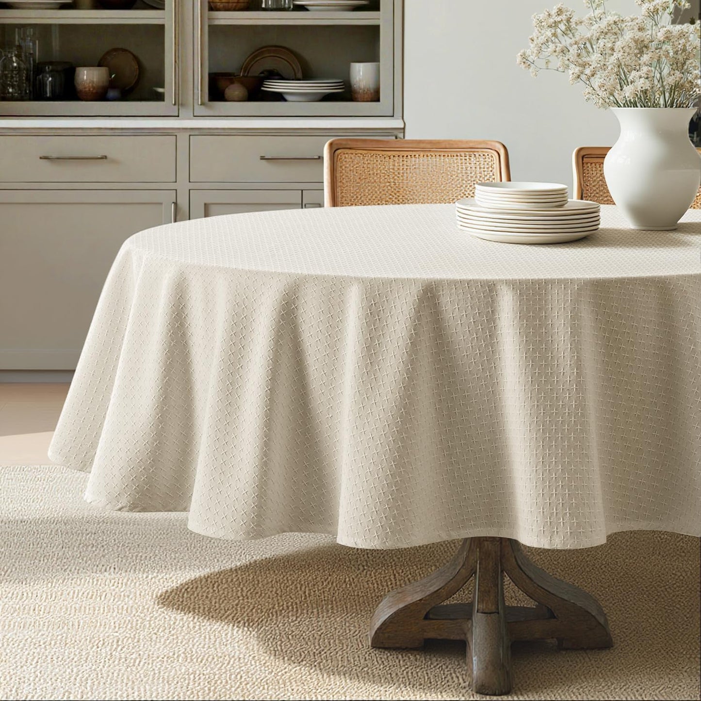 MIULEE Natural Beige Linen Cotton Table Cloth Rectangle Tablecloth Spring Waterproof Spillproof Cross-Star Textured Table Cloth Decorative Farmhouse Style for Dining Party Weddings 52x70 Inch
