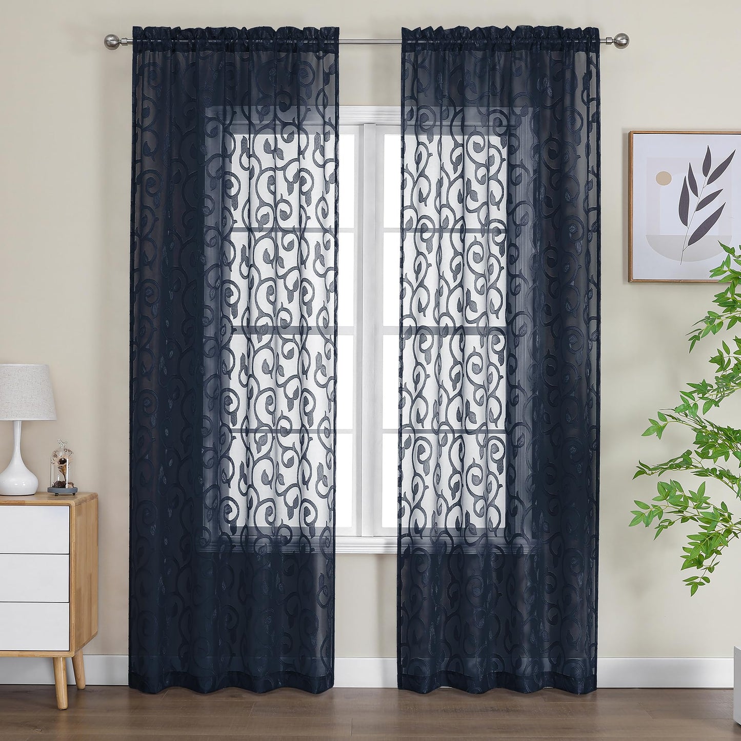 Furman Ivory Sheer Curtains 84 inches Long for Bedroom Living Room 2 Panels Set, Jacquard Clip Light Filtering Semi Sheer Curtain Rod Pocket Window Drapes, 2 Pcs Each 40 W 84 L