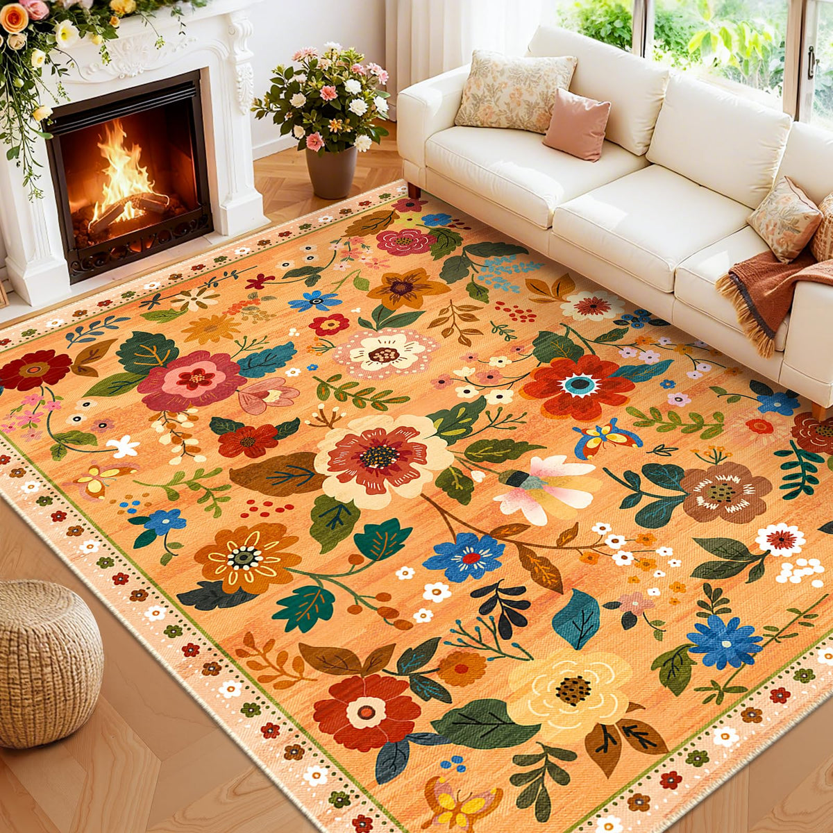 RELEANY Floral Washable 5x7 Area Rugs Black | Flower Carpet, Print, Boho, Non-Slip, Easy to Clean, Soft, Low Pile for Living Room Bedroom Kitchen Office Entryway Hallway