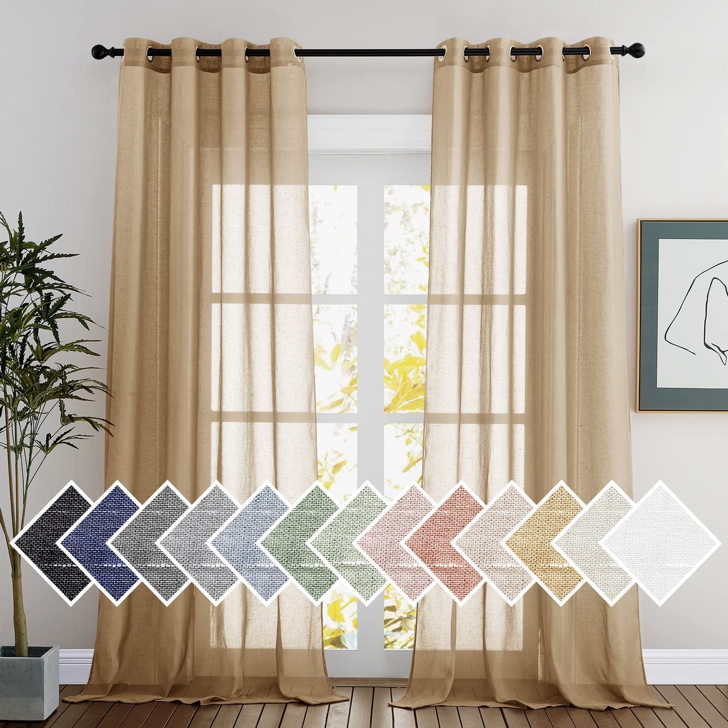 NICETOWN White Sheer Linen Curtains for Living Room 84 inch Length 2 Panels Set, Grommet Semi Sheer Privacy with Light Filtering Flax Window Treatments for Bedroom, W52 x L84