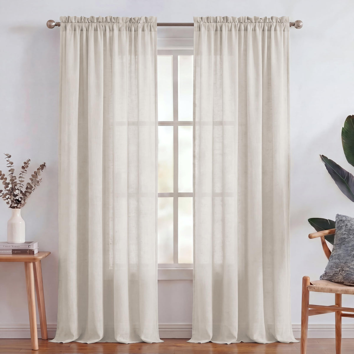 Turquoize White Linen Curtains 96 Inches Long Semi Sheer Curtains Light Filtering Linen Drapes for Living Room/Bedroom 2 Panels Set Rod Pocket Window Treatments Panels,W52 x L96, White