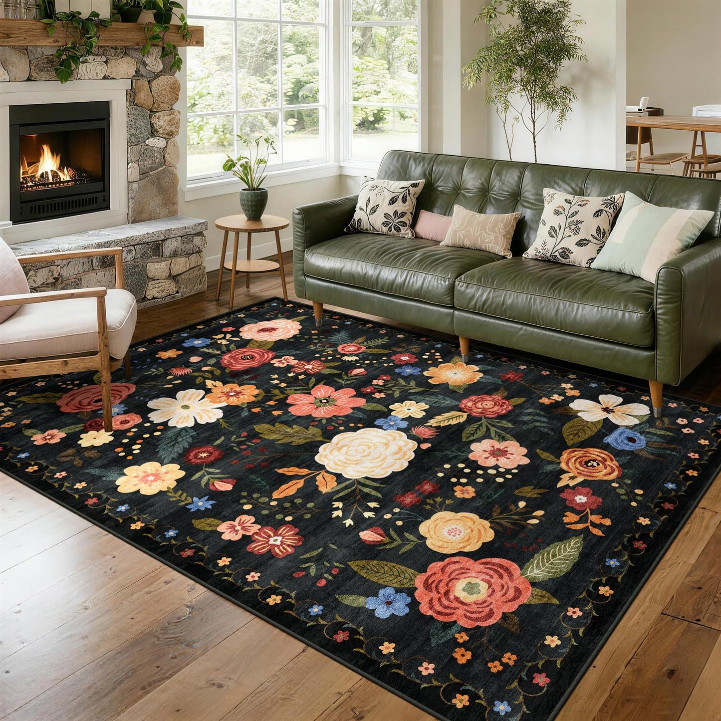 5x7 Washable Area Rug Green Boho Floral for Living Room Bedroom Nursery | Carpet for Dining Room, Soft Low-Pile Non-Slip Faux Wool, Farmhouse Indoor, Kid & Pet Friendly, Stain, Fade & Wear Resistant