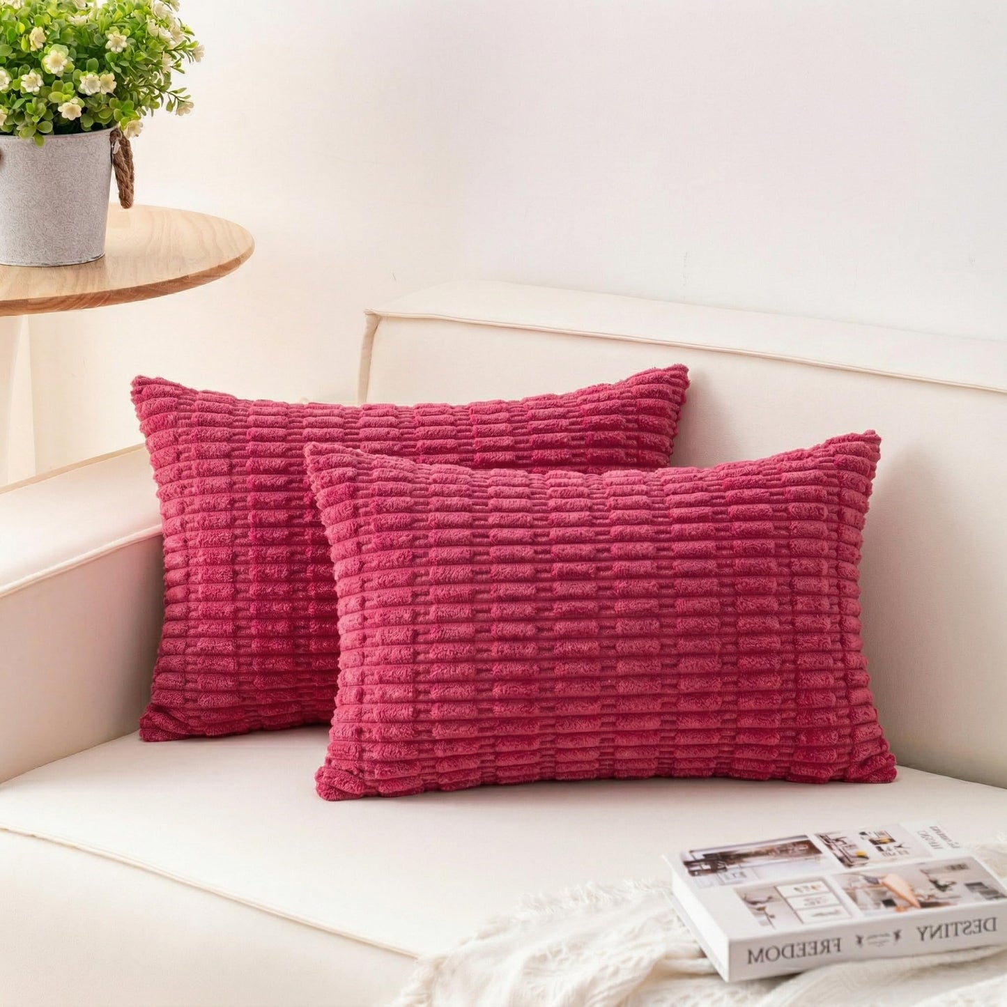Pack of 2 Corduroy Decorative Throw Pillow Covers 18x18 Inch, Cream White | Fall Soft Striped Pillow Covers Modern Farmhouse Home Decor Christmas Throw Pillow Covers for Sofa Living Room Couch Bed ﻿