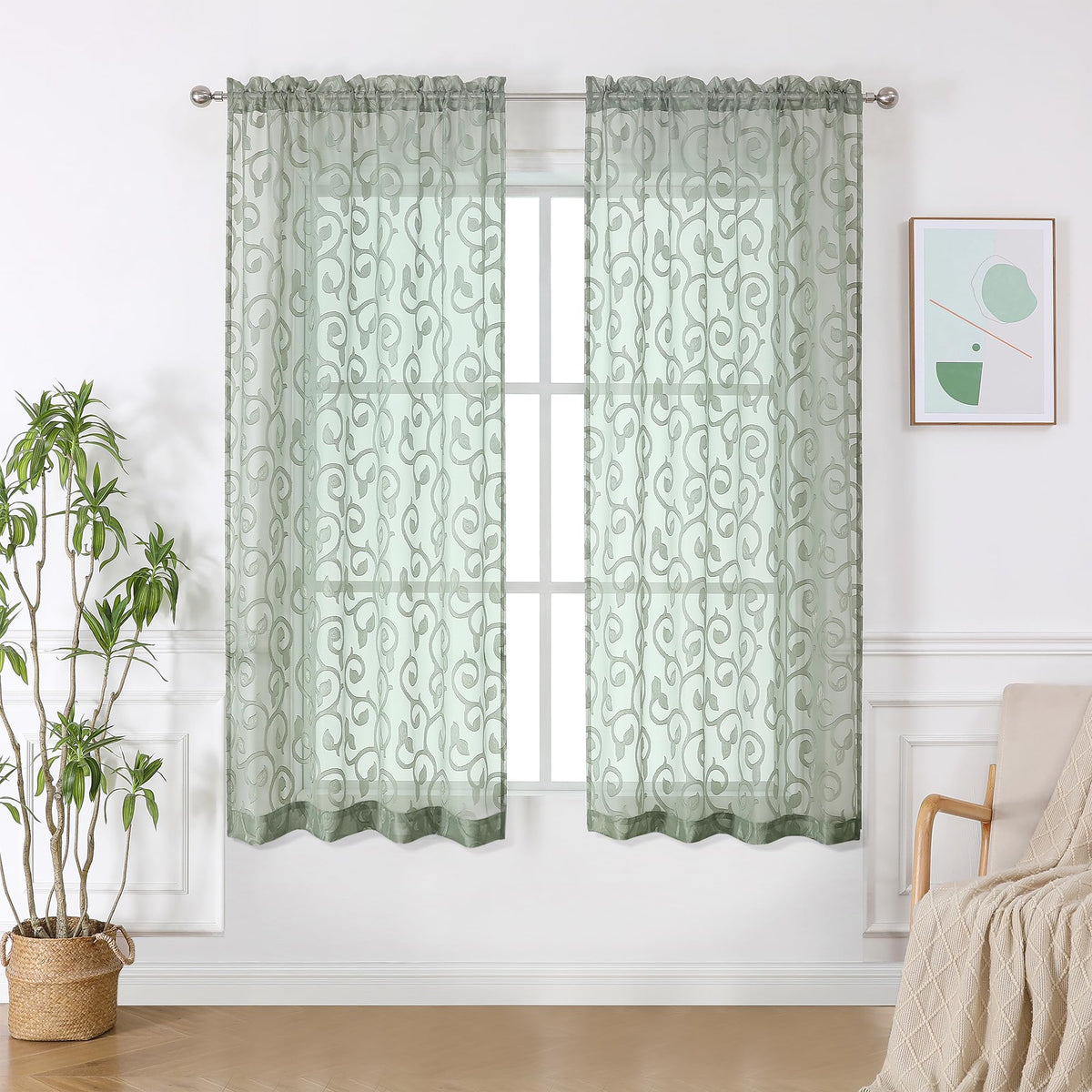 Furman Ivory Sheer Curtains 84 inches Long for Bedroom Living Room 2 Panels Set, Jacquard Clip Light Filtering Semi Sheer Curtain Rod Pocket Window Drapes, 2 Pcs Each 40 W 84 L