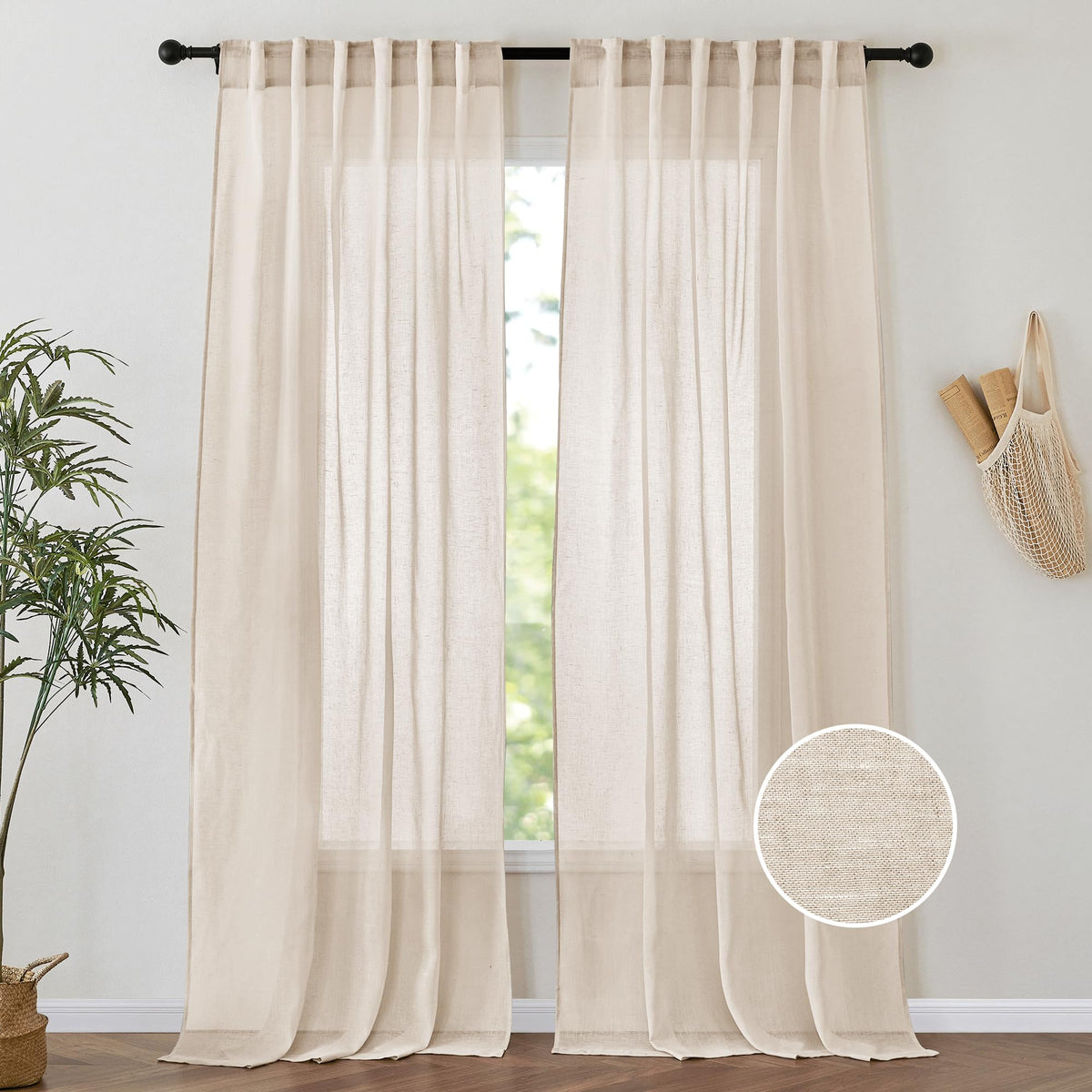 PONY DANCE White Sheer Curtains 96 inches Long, 2 Panels | Floor to Ceiling Curtains Living Room Window Treatments Natural Linen Blended Sheer Drapes for Bedroom, 52 Wide x 96 Long