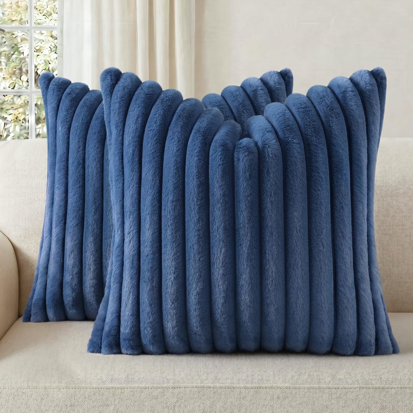 Pallene Faux Fur Decorative Throw Pillow Covers 18x18 Set of 2, Cream White | Luxury Plush Texture, Striped Design, Cozy Soft Touch, Modern Home Accent Decor for Couch, Sofa, Bed, Living Room