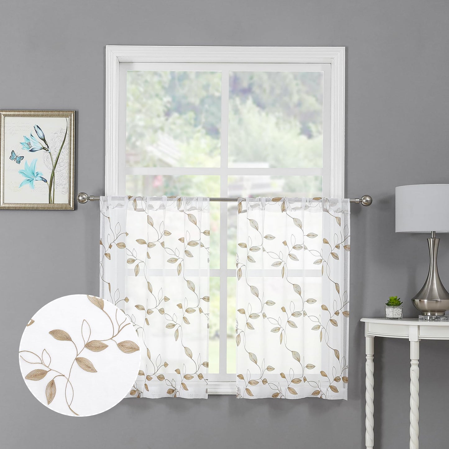 Tollpiz White Leaf Sheer Curtains Bedroom 54 x 84 Inches | Leaves Embroidered Curtain Rod Pocket Voile Window Treatment for Living Room, Set of 2 Panels