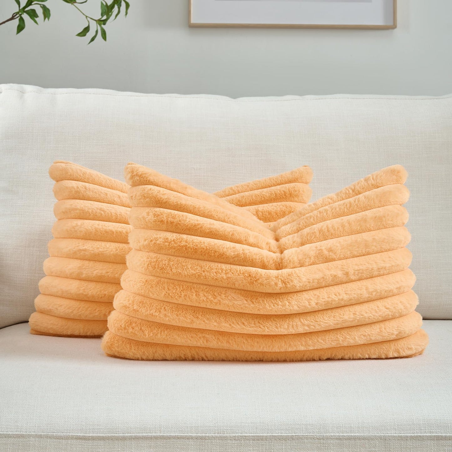 FUTEI Pack of 2 Faux Fur Throw Pillow Covers 18x18 Inch, Cream White | Fluffy Faux Rabbit Fur Front/Premium Velvet Back,Hidden Zipper,Machine Washable,Non-Shedding,Colorfast,Insert Not Included.