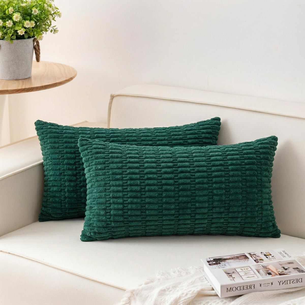 Pack of 2 Corduroy Decorative Throw Pillow Covers 18x18 Inch, Cream White | Fall Soft Striped Pillow Covers Modern Farmhouse Home Decor Christmas Throw Pillow Covers for Sofa Living Room Couch Bed ﻿