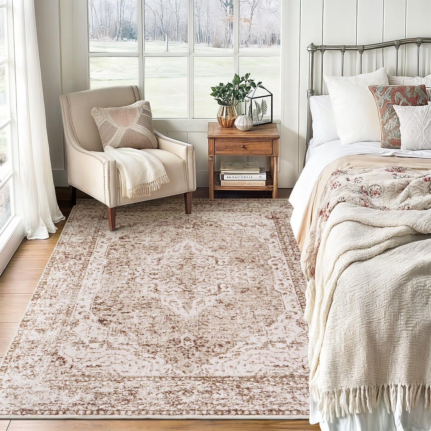 Lofus 5x7 Area Rugs for Living Room Bedroom, Soft Boho Carpet Floral Brown | High-Power Vacuuming, Non-Slip, Low Pile, Stain & Water Repellent, Soft, Skin-Friendly, for Kitchen Entryway Office