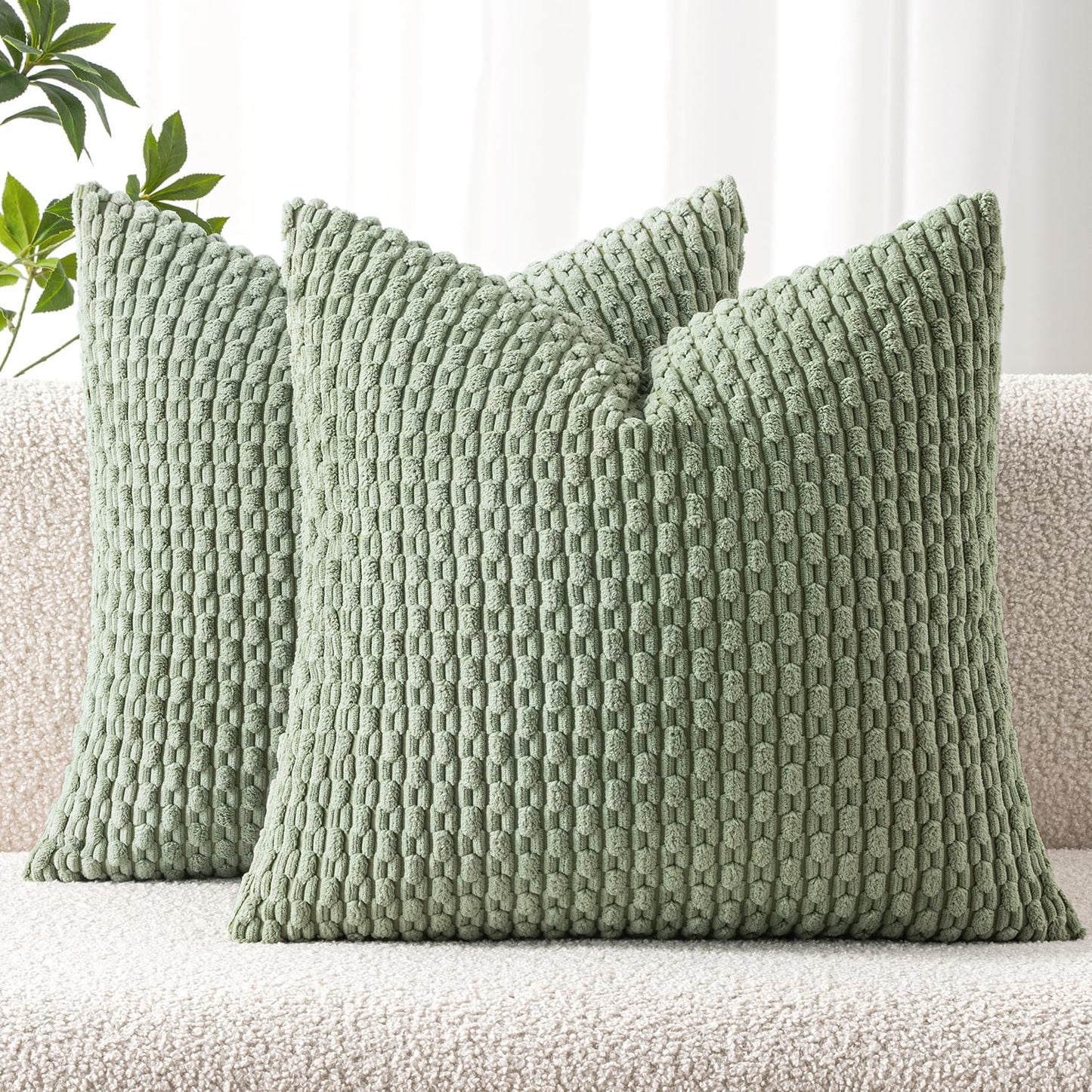 MIULEE Decorative Throw Pillow Covers 18x18 Sage Green Textured Corduroy | Pack of 2 Striped Pillow Covers Modern Farmhouse Home Decor for Couch Bed Sofa Living Room