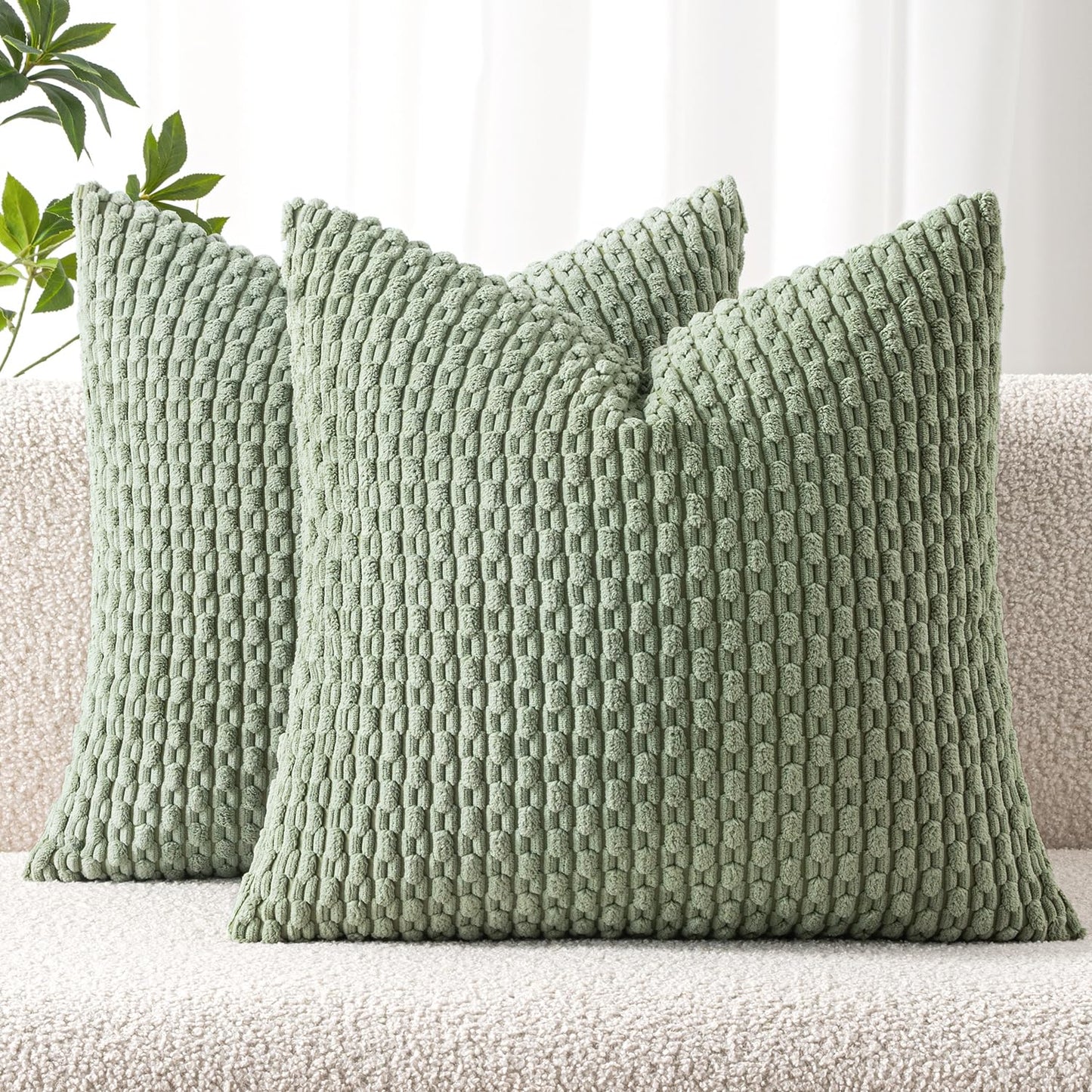MIULEE Decorative Throw Pillow Covers 18x18 Sage Green Textured Corduroy | Pack of 2 Striped Pillow Covers Modern Farmhouse Home Decor for Couch Bed Sofa Living Room